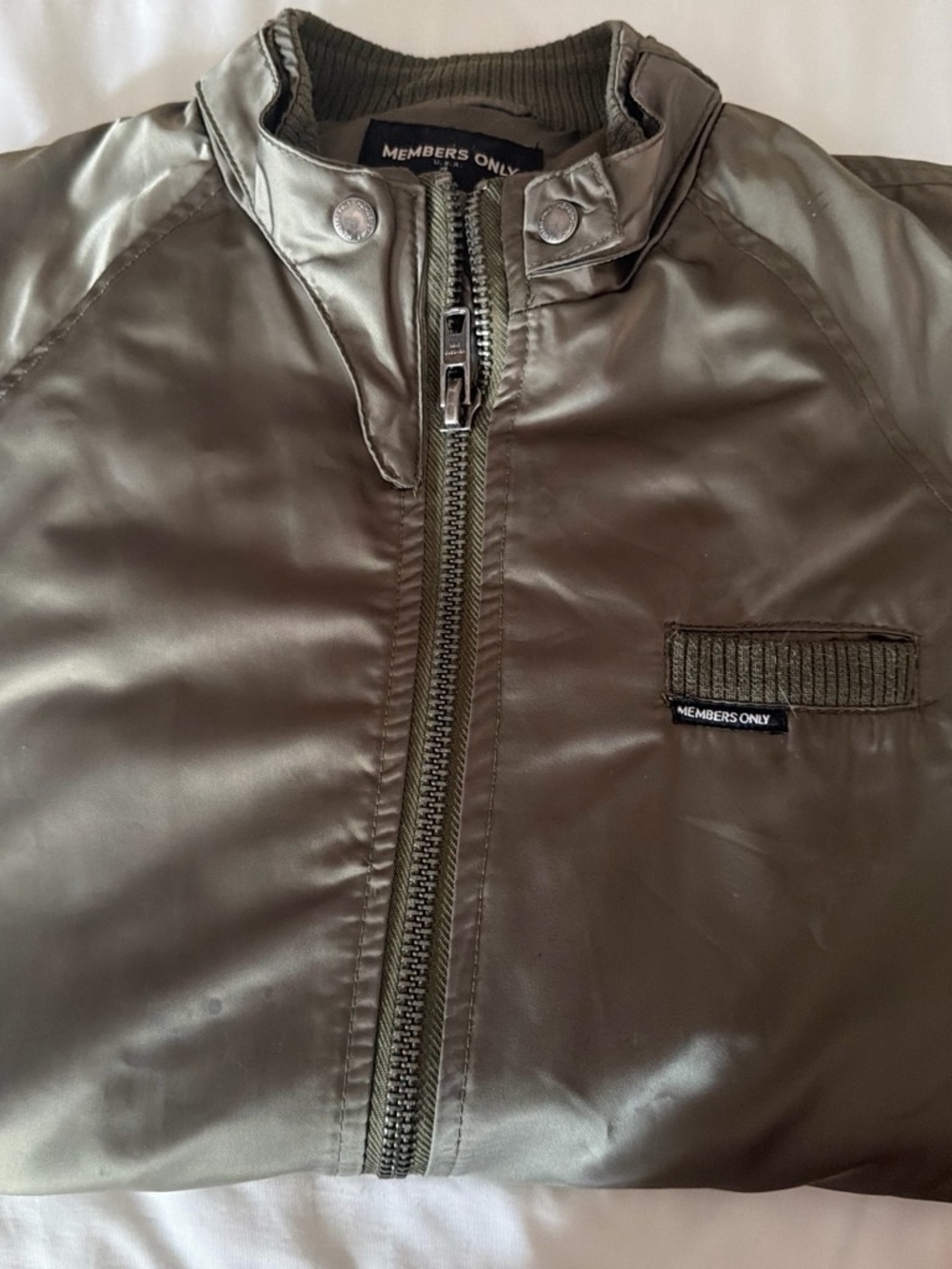 Members Only Olive Green Satin Bomber Jacket